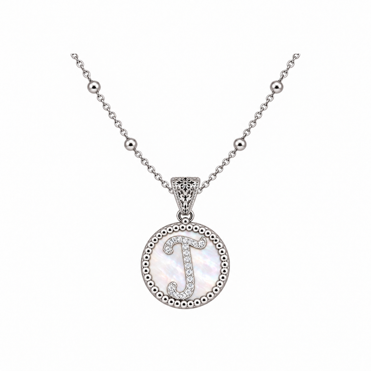 collana con pendente "lettera" piccolo madreperla bianco rodiato con forzatina