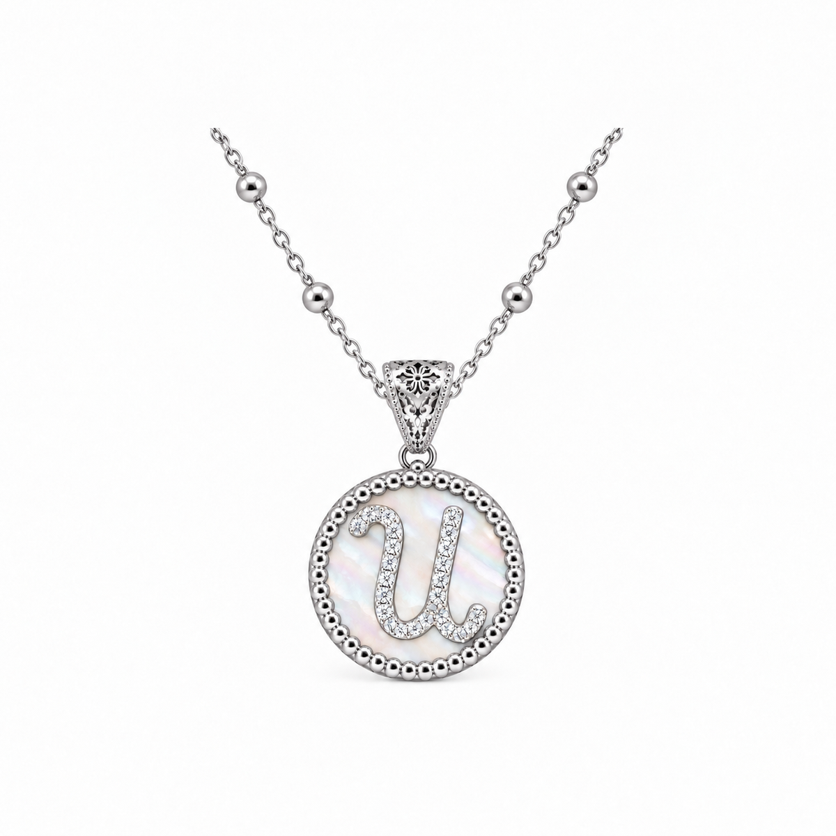 collana con pendente "lettera" piccolo madreperla bianco rodiato con forzatina