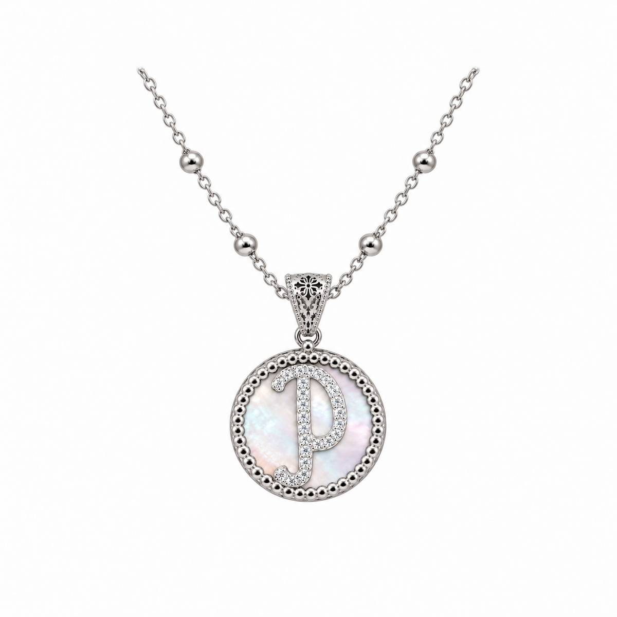 collana con pendente "lettera" piccolo madreperla bianco rodiato con forzatina