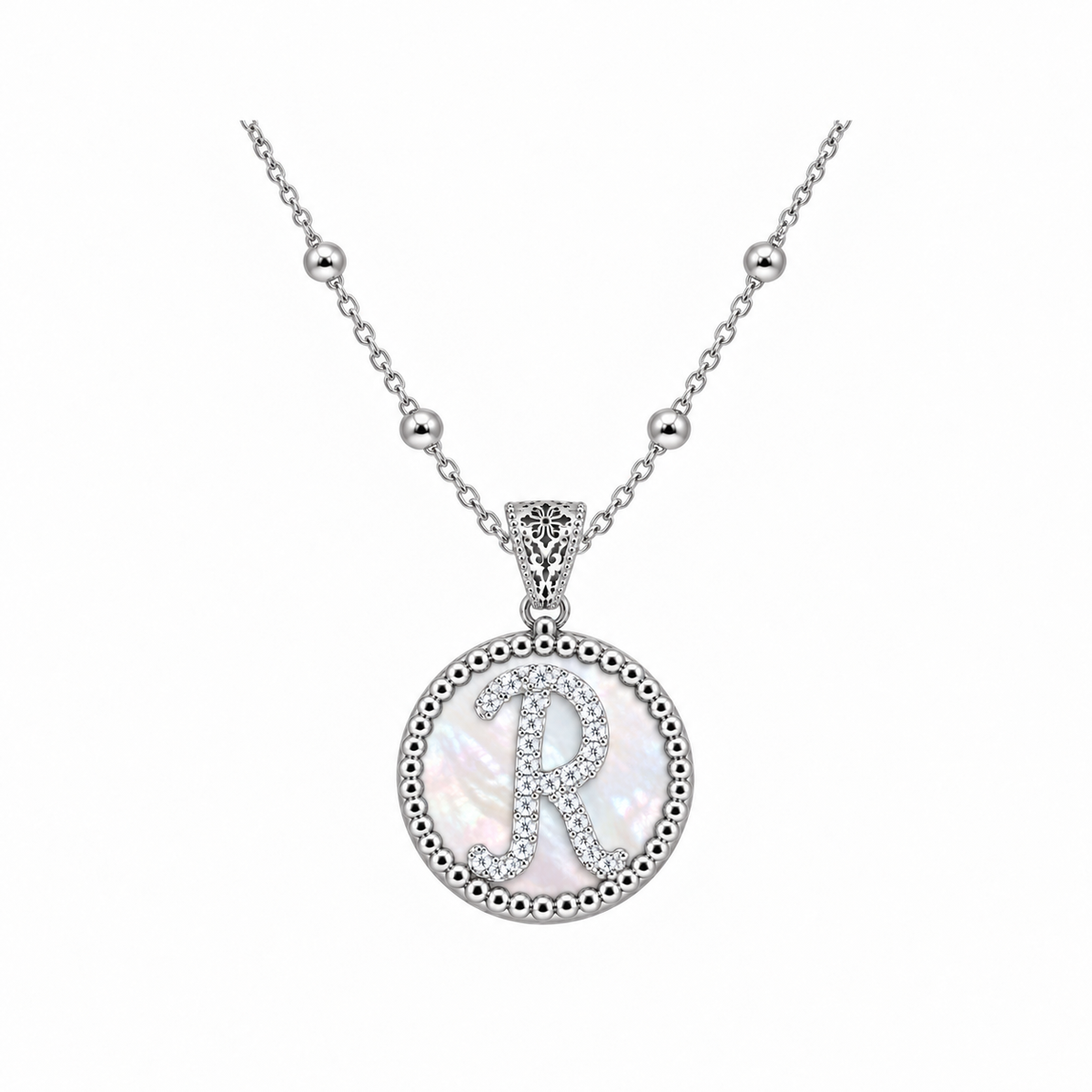 collana con pendente "lettera" piccolo madreperla bianco rodiato con forzatina