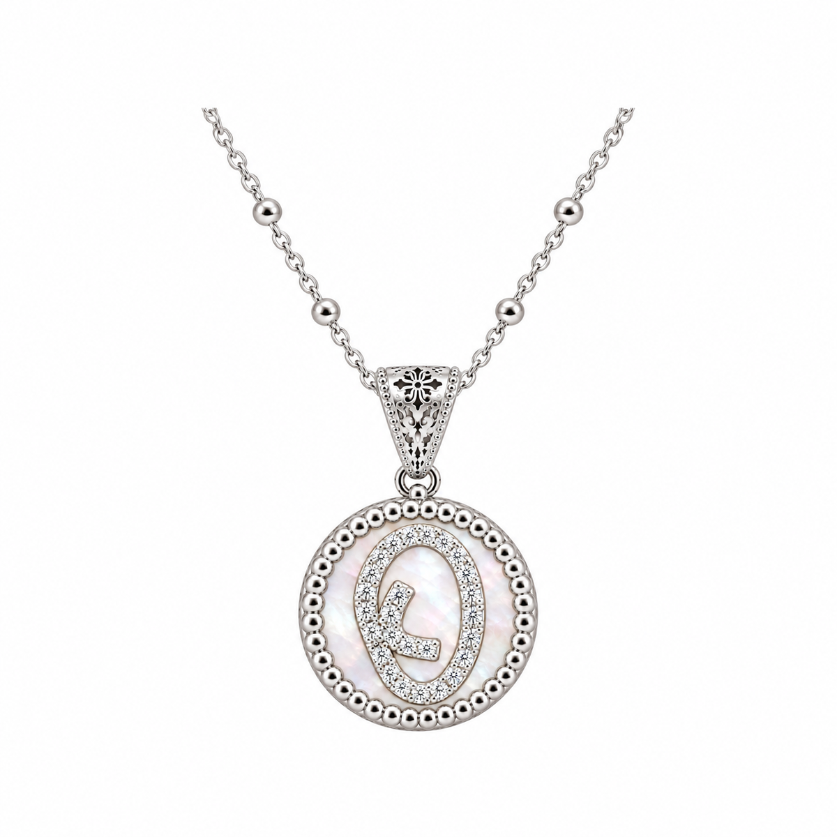 collana con pendente "lettera" piccolo madreperla bianco rodiato con forzatina
