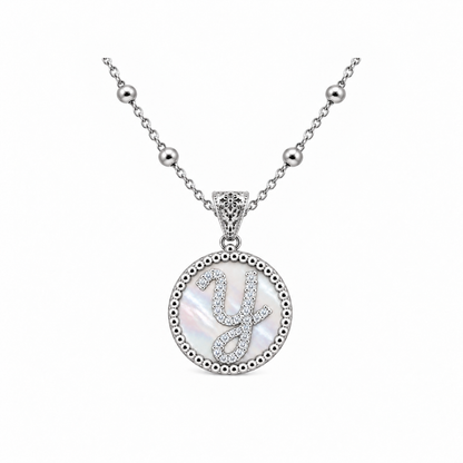 Collana con Pendente "Lettera" Piccolo Madreperla Bianco Rodiato con Forzatina