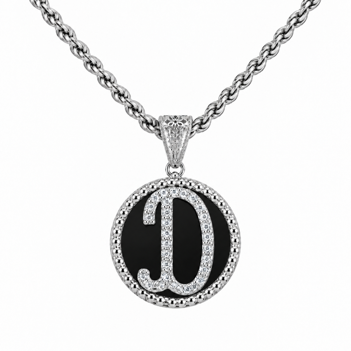 collana con pendente "lettera" grande onice bianco rodiato