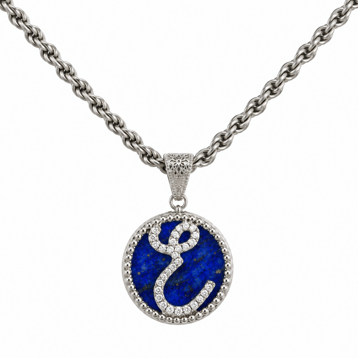 collana con pendente "lettera" piccolo lapislazzuli bianco rodiato