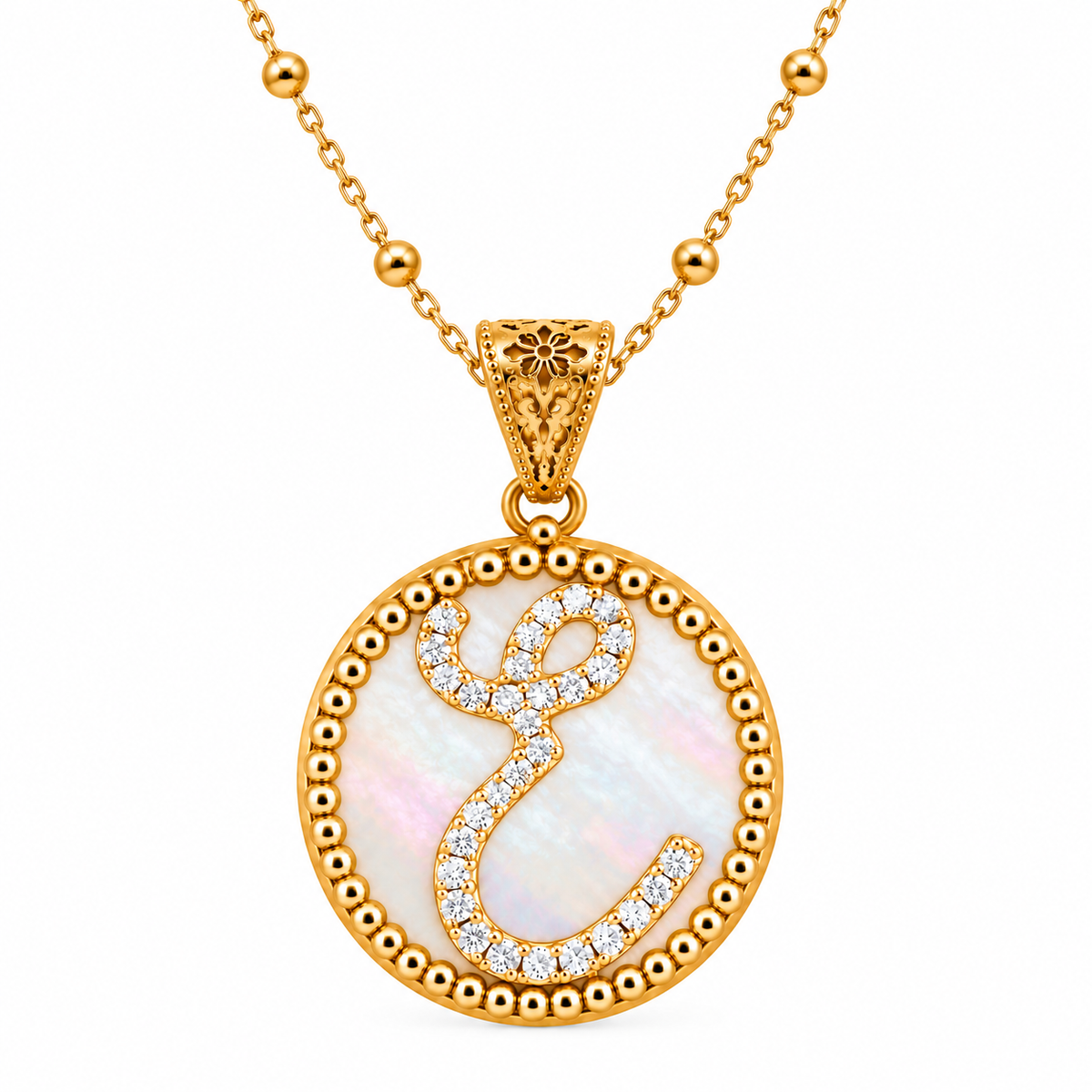 collana con pendente "lettera" piccolo madreperla dorato con forzatina