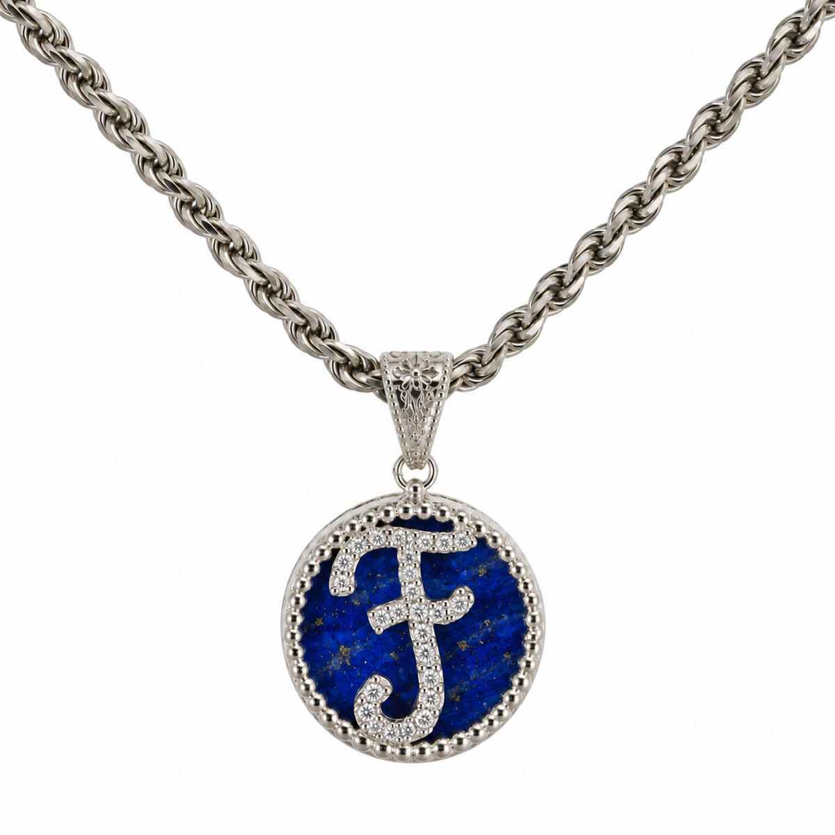 collana con pendente "lettera" piccolo lapislazzuli bianco rodiato