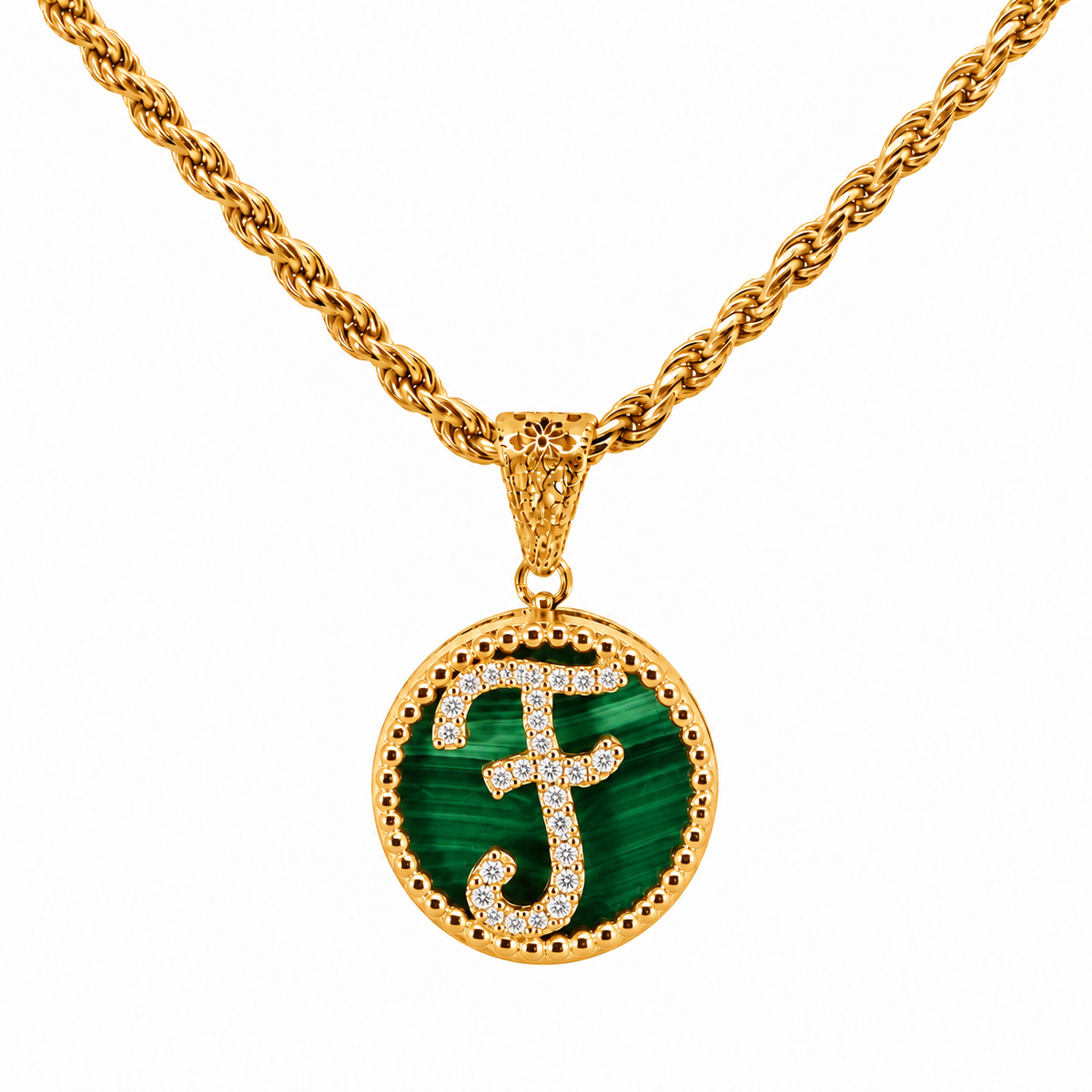 collana con pendente "lettera" piccolo malachite dorato