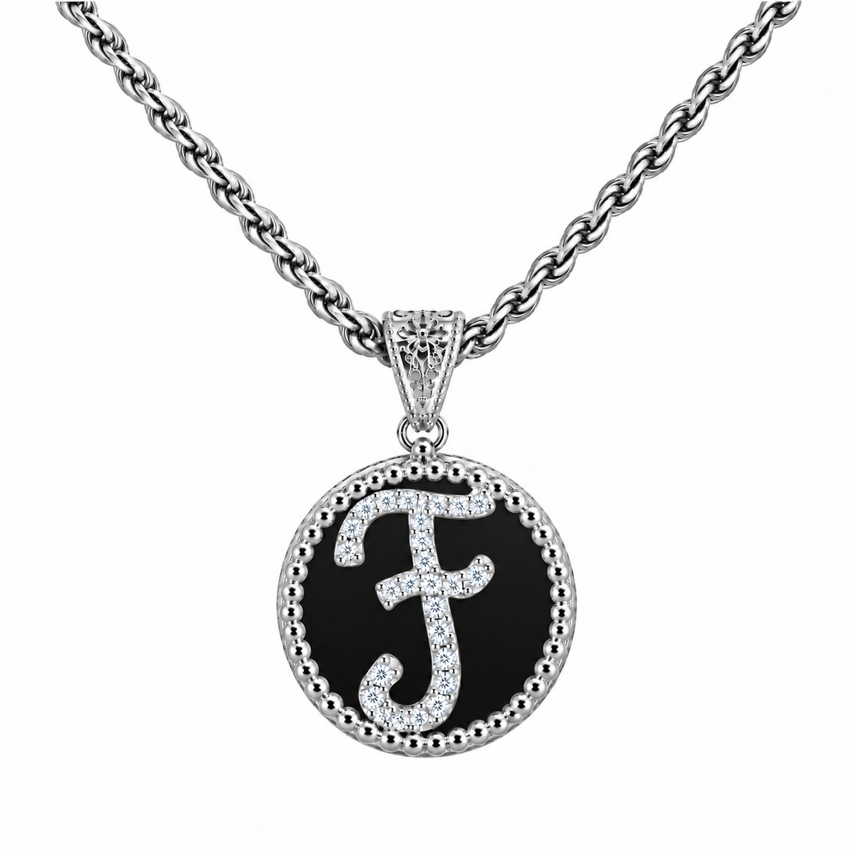 collana con pendente "lettera" grande onice bianco rodiato
