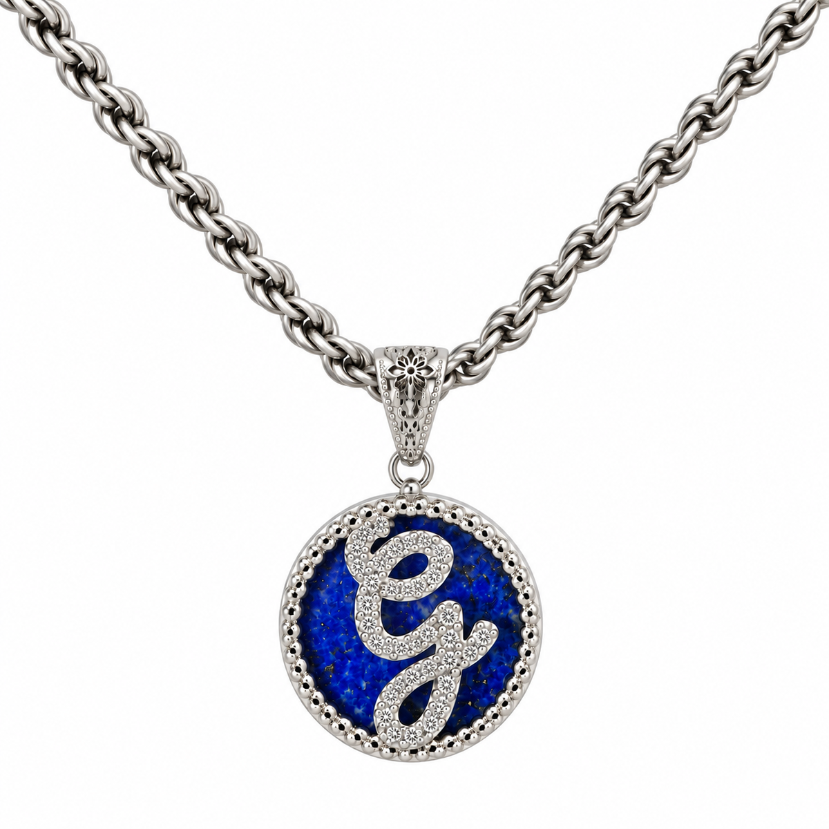 collana con pendente "lettera" piccolo lapislazzuli bianco rodiato