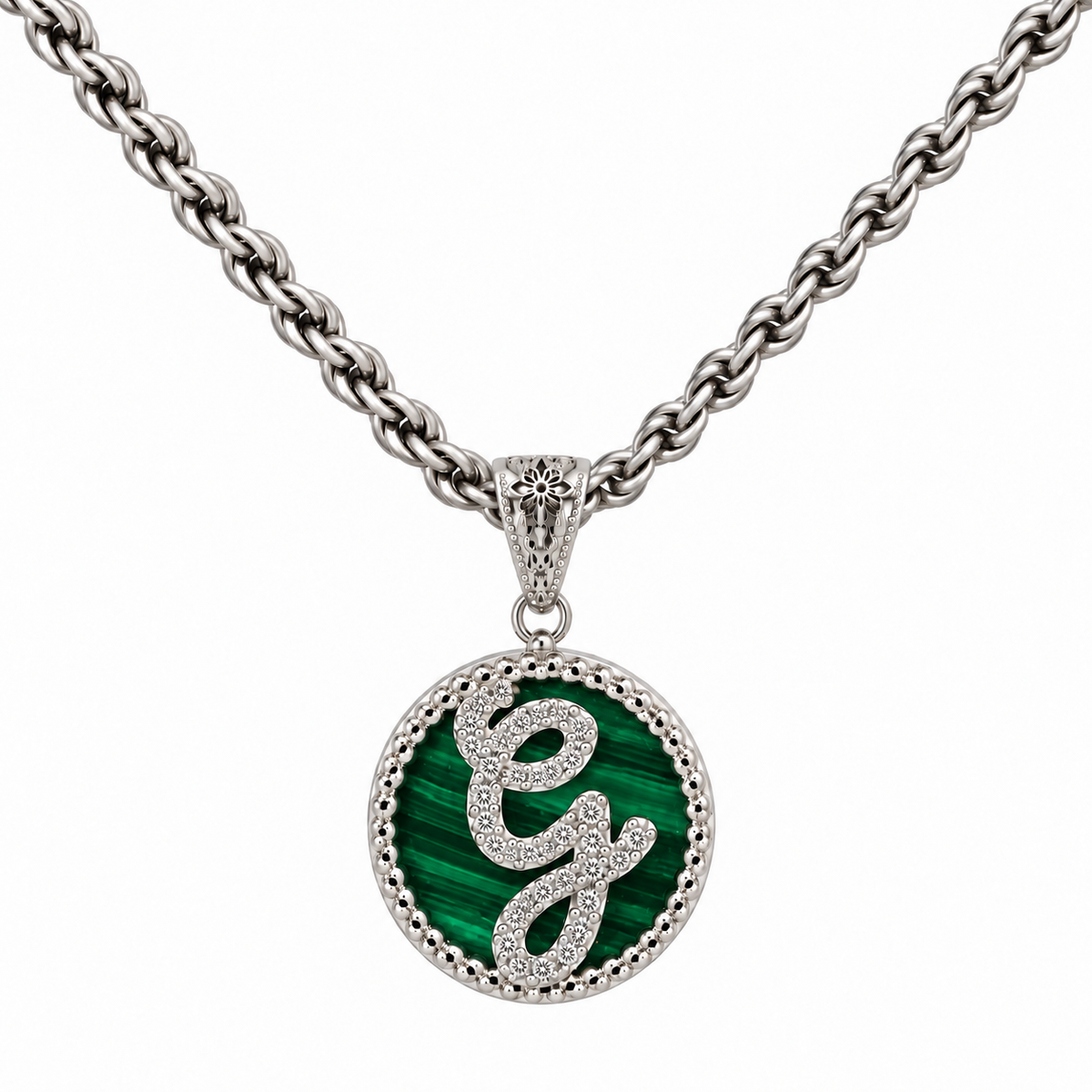 collana con pendente "lettera" piccolo malachite bianco rodiato