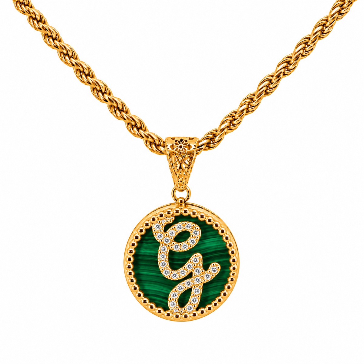 collana con pendente "lettera" piccolo malachite dorato