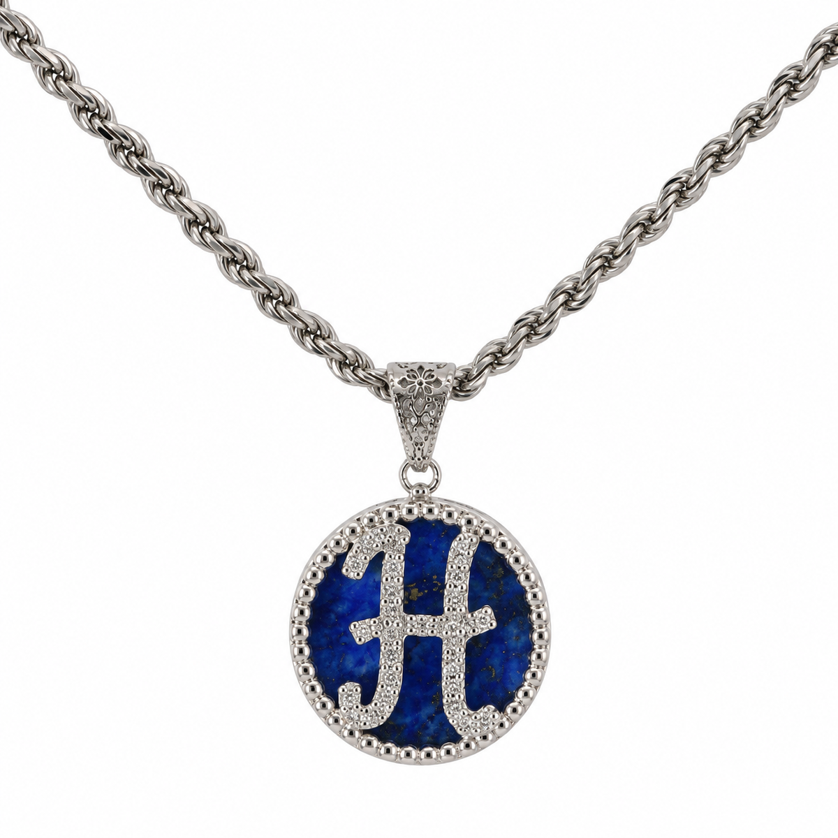 collana con pendente "lettera" piccolo lapislazzuli bianco rodiato