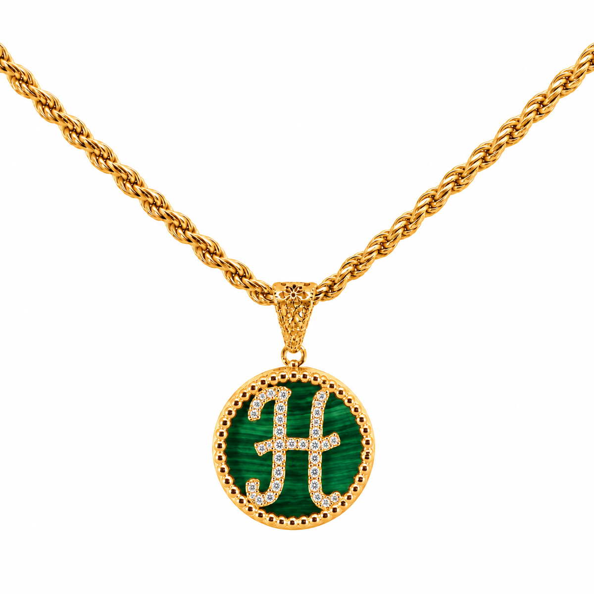 collana con pendente "lettera" piccolo malachite dorato