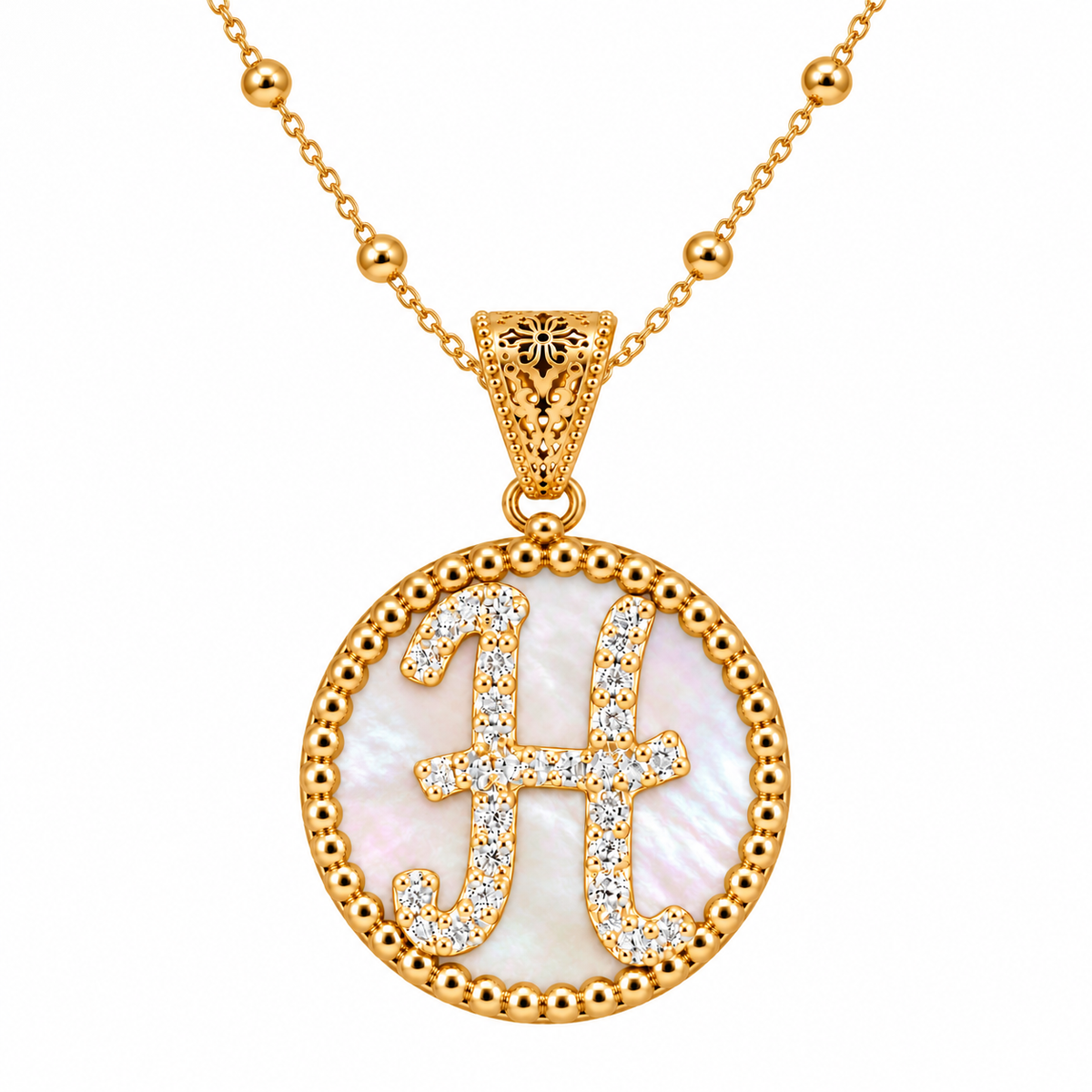collana con pendente "lettera" piccolo madreperla dorato con forzatina