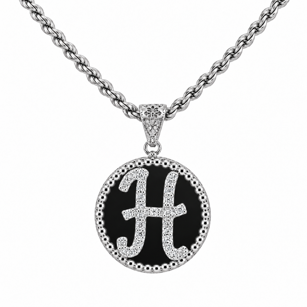 collana con pendente "lettera" grande onice bianco rodiato