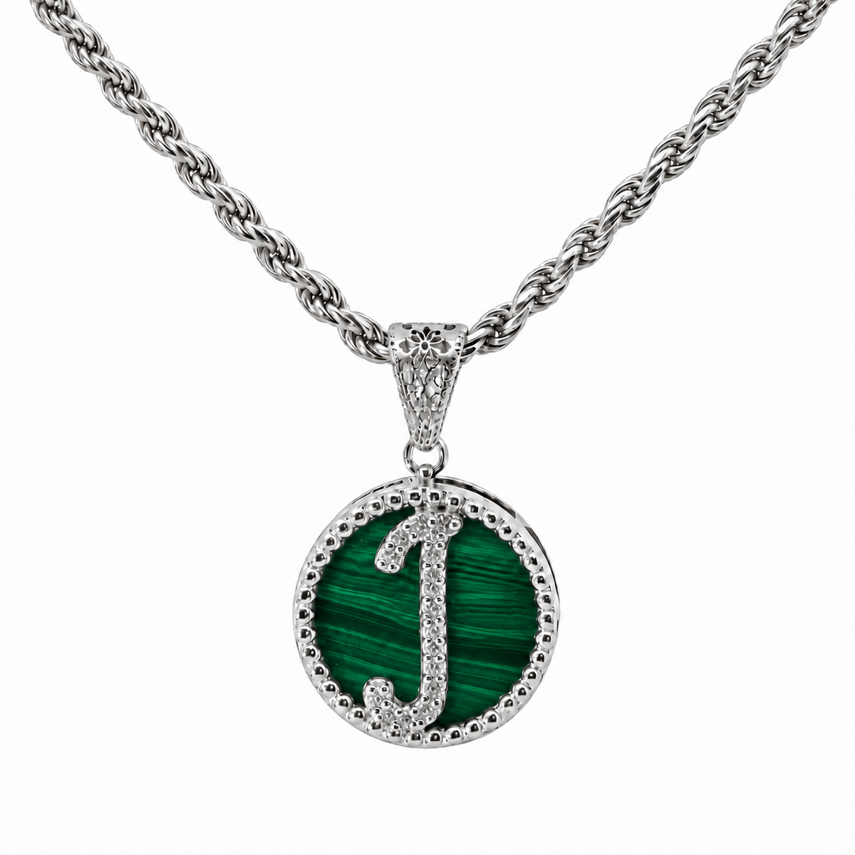 collana con pendente "lettera" piccolo malachite bianco rodiato