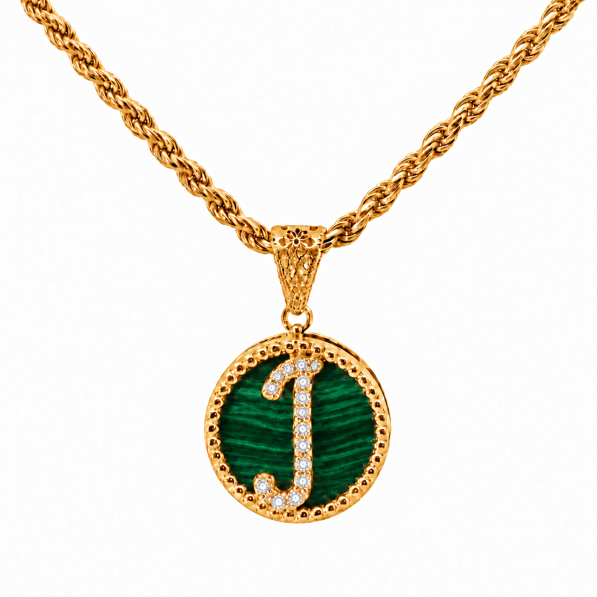collana con pendente "lettera" piccolo malachite dorato