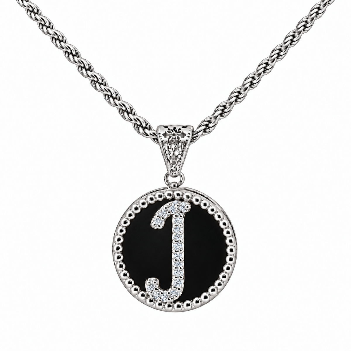 collana con pendente "lettera" grande onice bianco rodiato