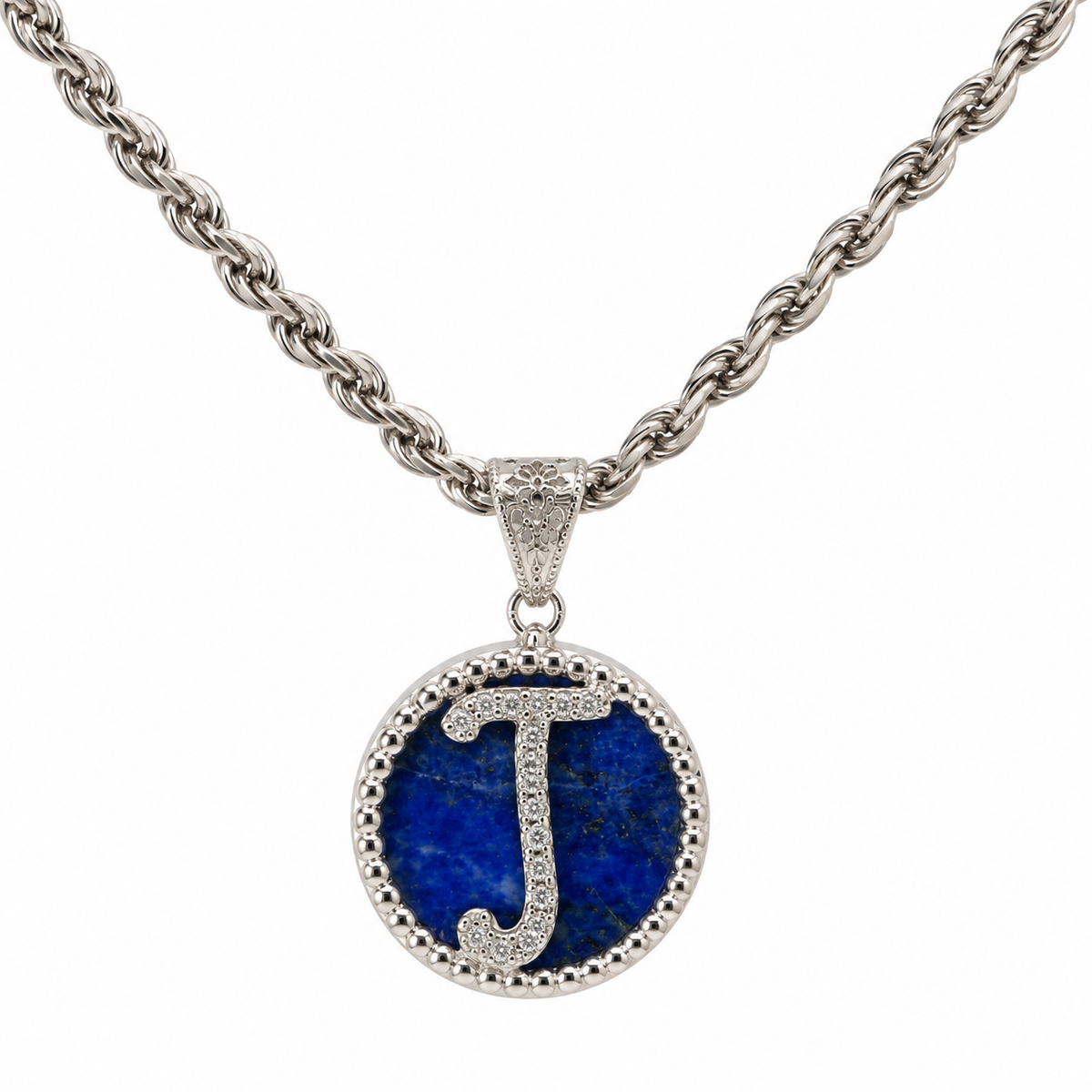 collana con pendente "lettera" piccolo lapislazzuli bianco rodiato