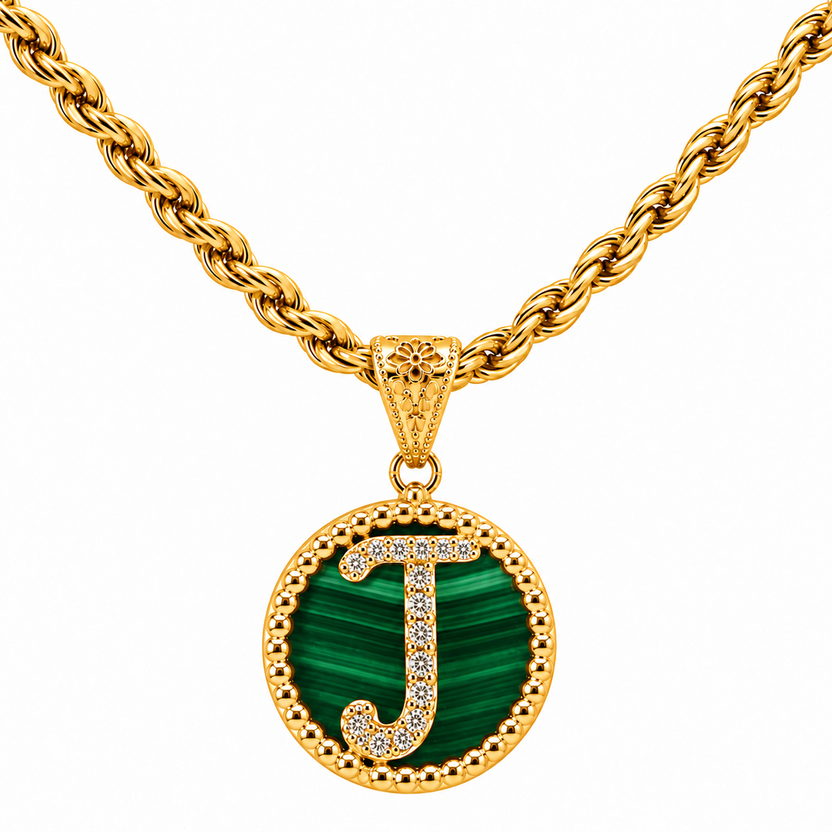 collana con pendente "lettera" piccolo malachite dorato