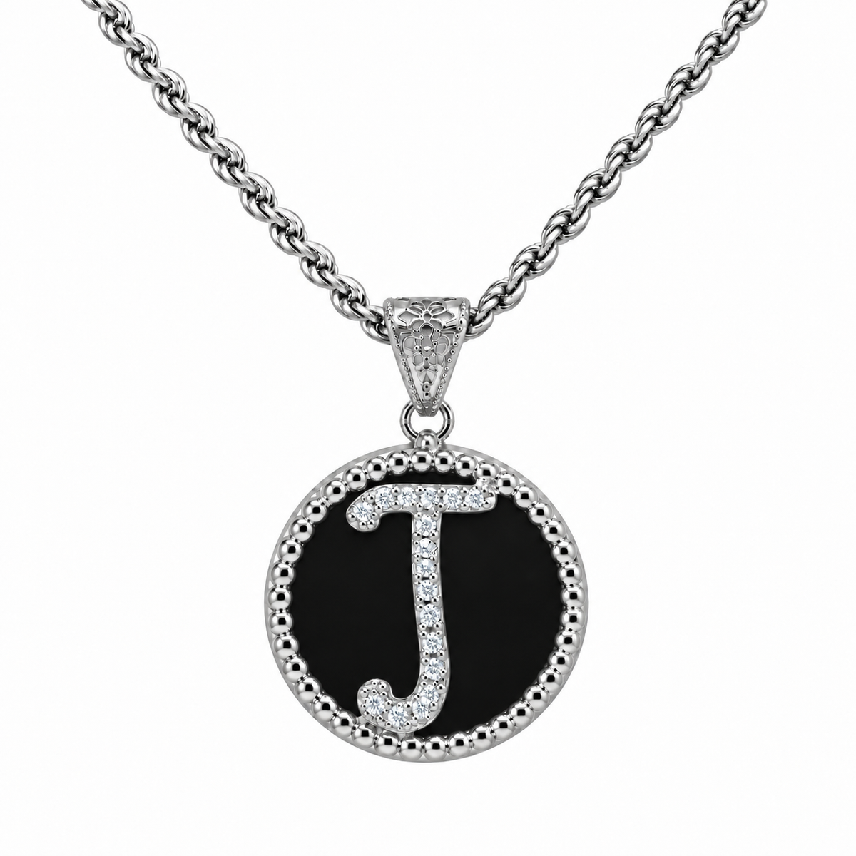 collana con pendente "lettera" grande onice bianco rodiato