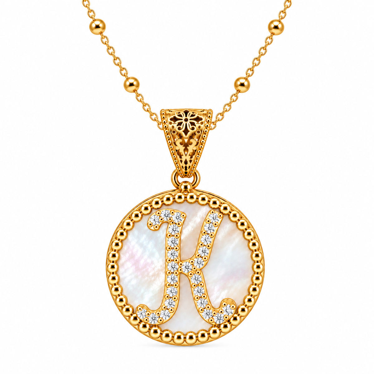collana con pendente "lettera" piccolo madreperla dorato con forzatina