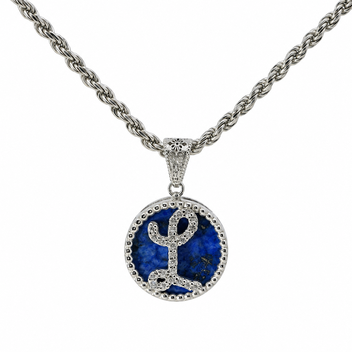 collana con pendente "lettera" piccolo lapislazzuli bianco rodiato