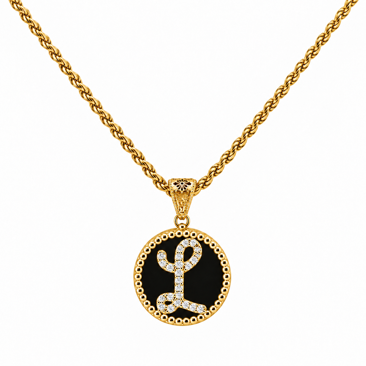 collana con pendente "lettera" piccolo onice dorato