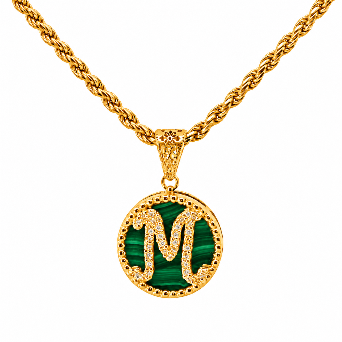 collana con pendente "lettera" piccolo malachite dorato