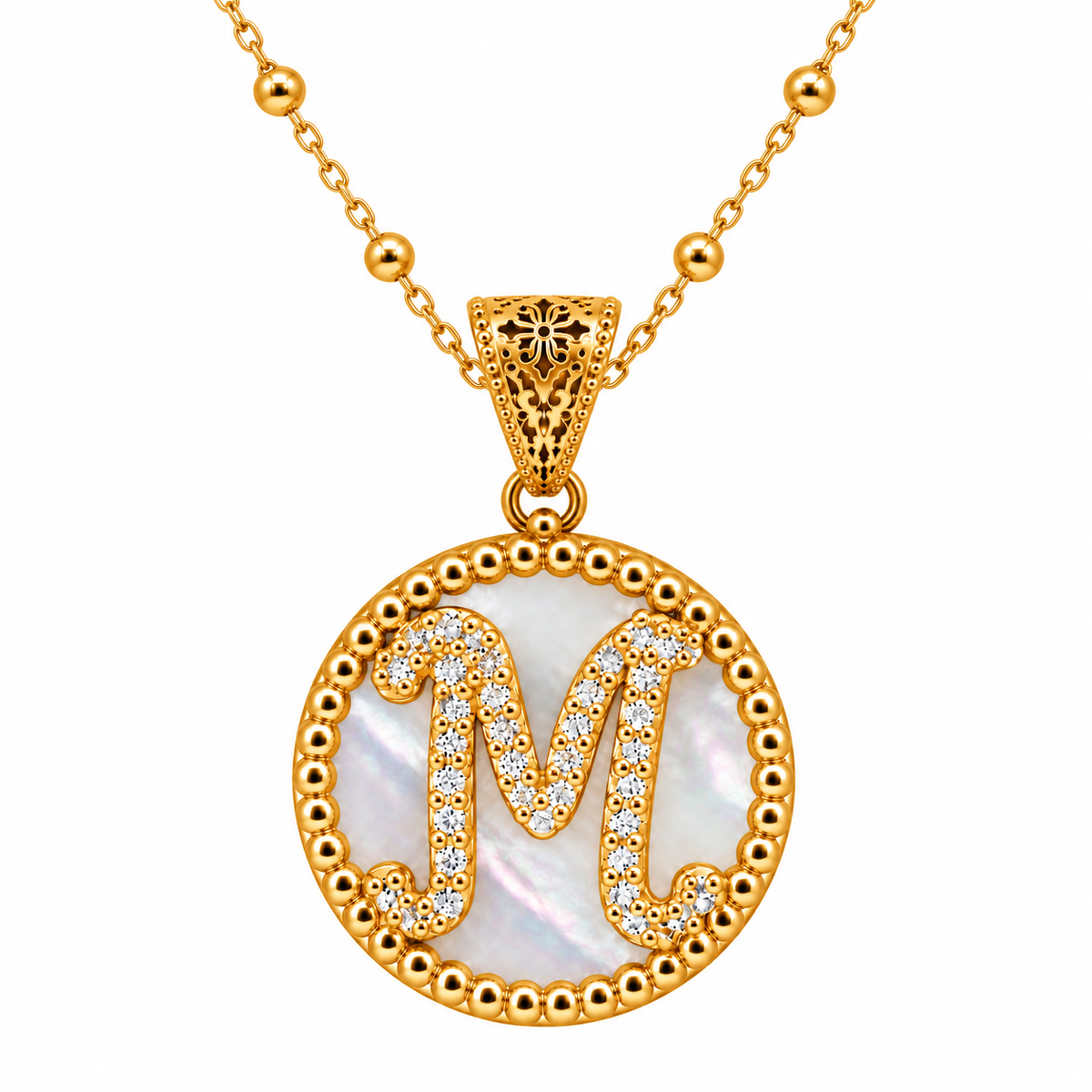 collana con pendente "lettera" piccolo madreperla dorato con forzatina