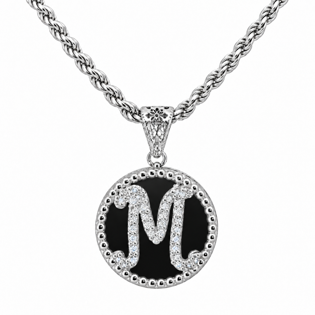 collana con pendente "lettera" grande onice bianco rodiato
