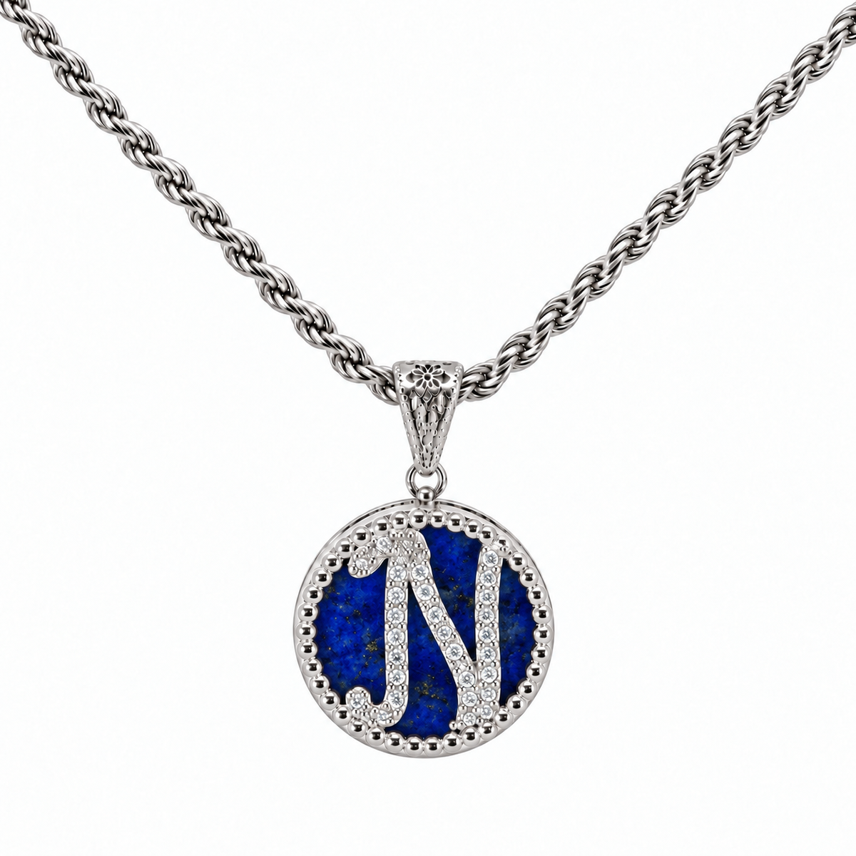 collana con pendente "lettera" piccolo lapislazzuli bianco rodiato