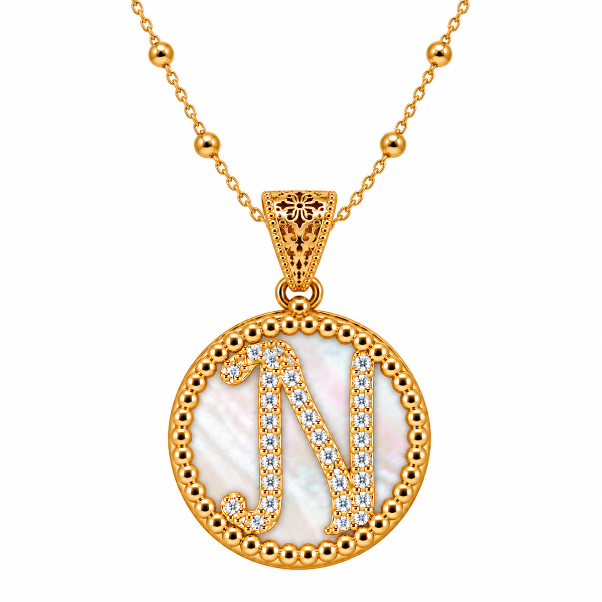 collana con pendente "lettera" piccolo madreperla dorato con forzatina