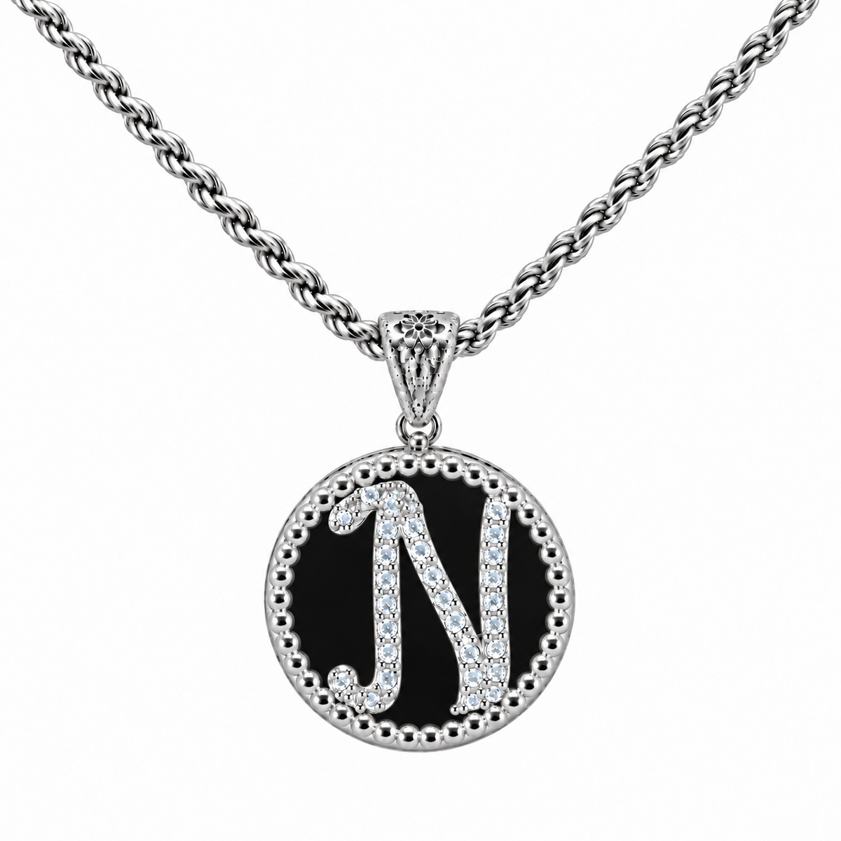 collana con pendente "lettera" grande onice bianco rodiato