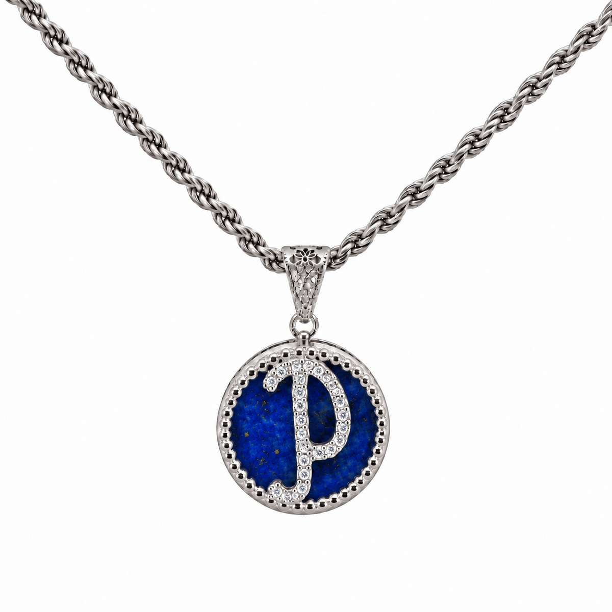 collana con pendente "lettera" piccolo lapislazzuli bianco rodiato