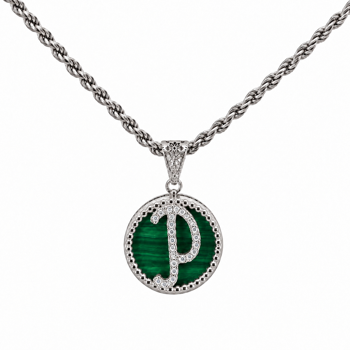 collana con pendente "lettera" piccolo malachite bianco rodiato