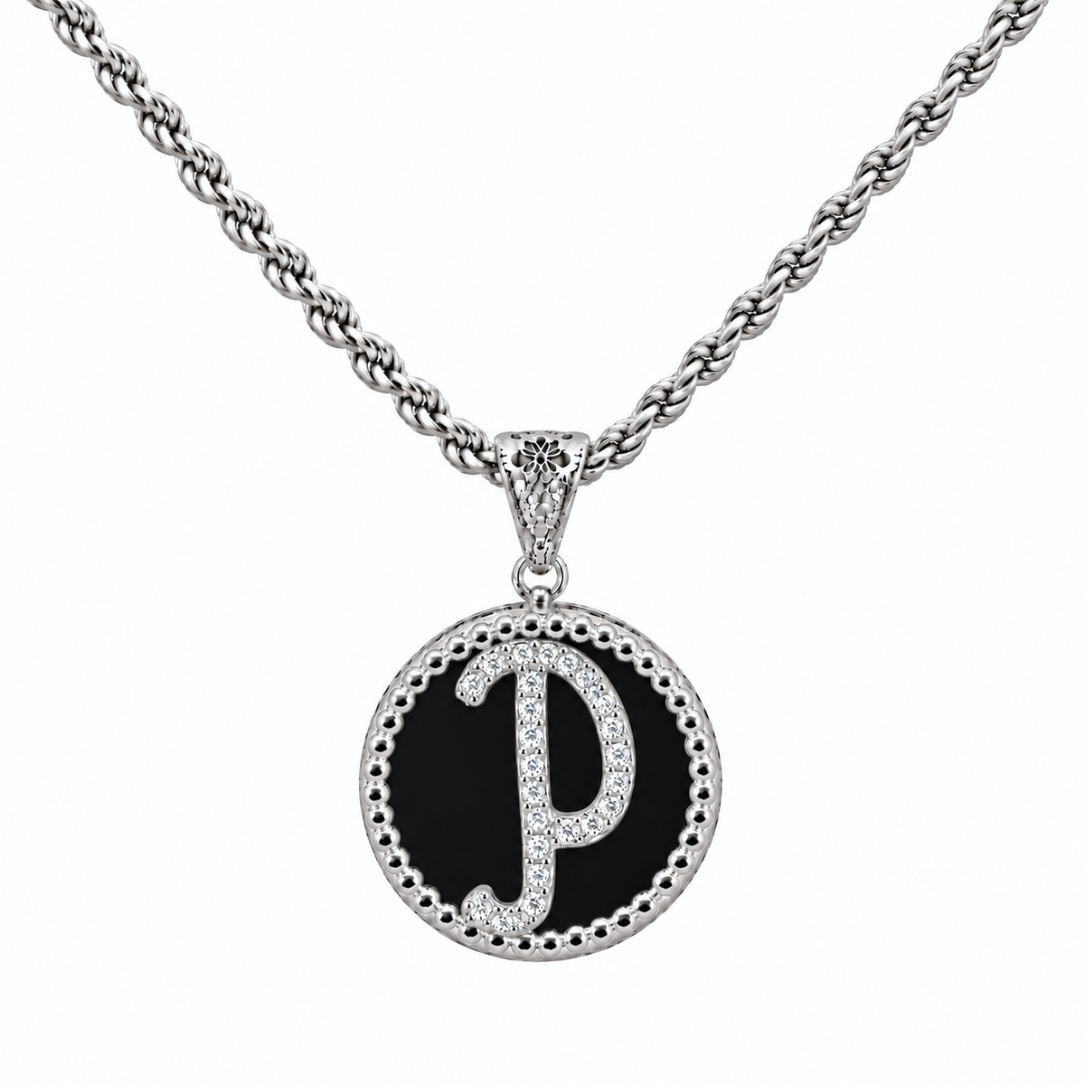 collana con pendente "lettera" grande onice bianco rodiato