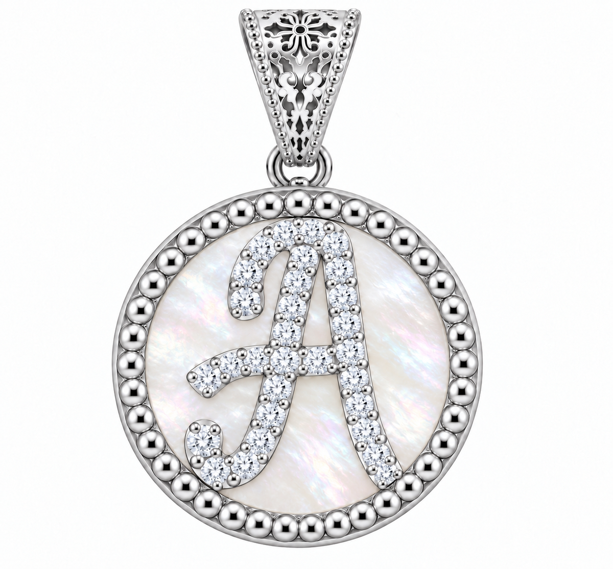 collana con pendente "lettera" grande madreperla bianco rodiato