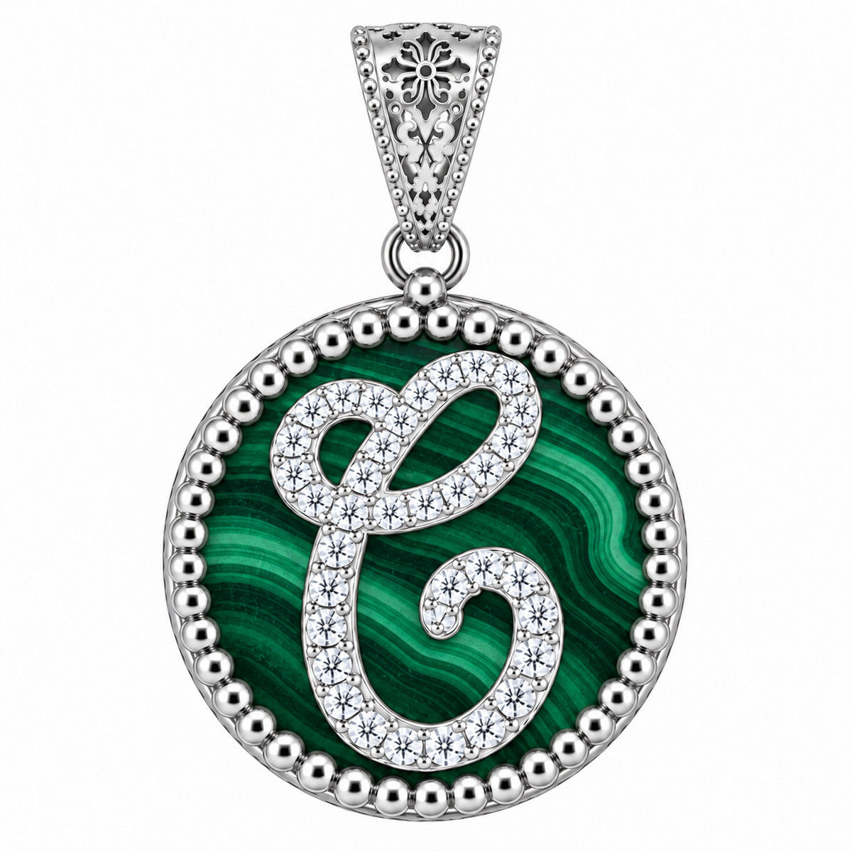 collana con pendente "lettera" piccolo malachite bianco rodiato