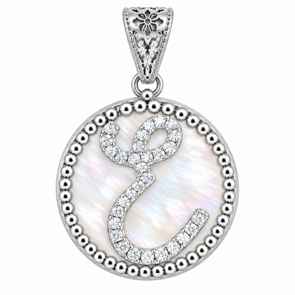 Collana con Pendente "Lettera" Piccolo Madreperla Bianco Rodiato con Forzatina