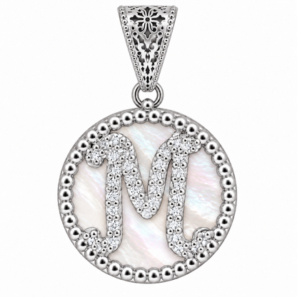 Collana con Pendente "Lettera" Piccolo Madreperla Bianco Rodiato con Forzatina