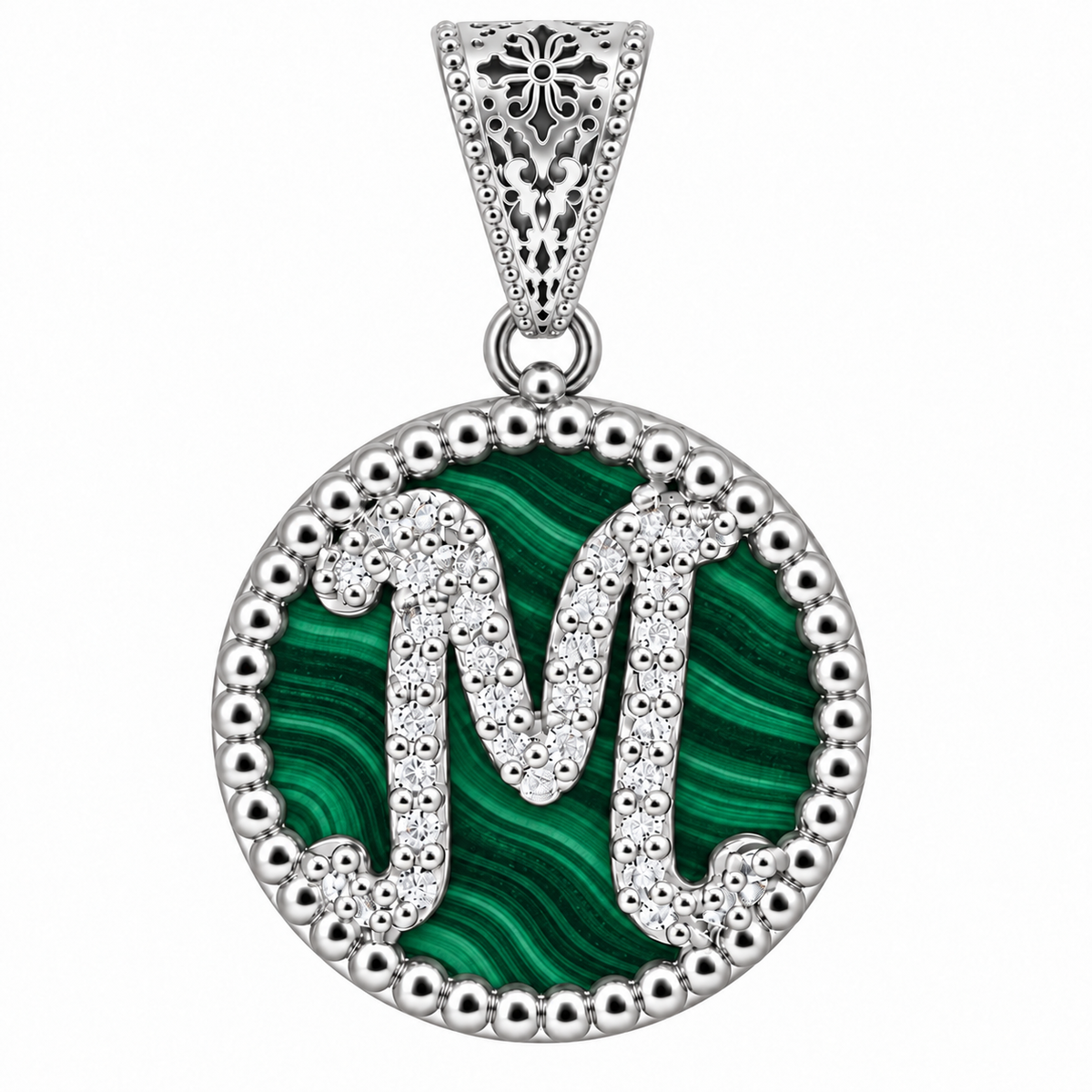 collana con pendente "lettera" piccolo malachite bianco rodiato