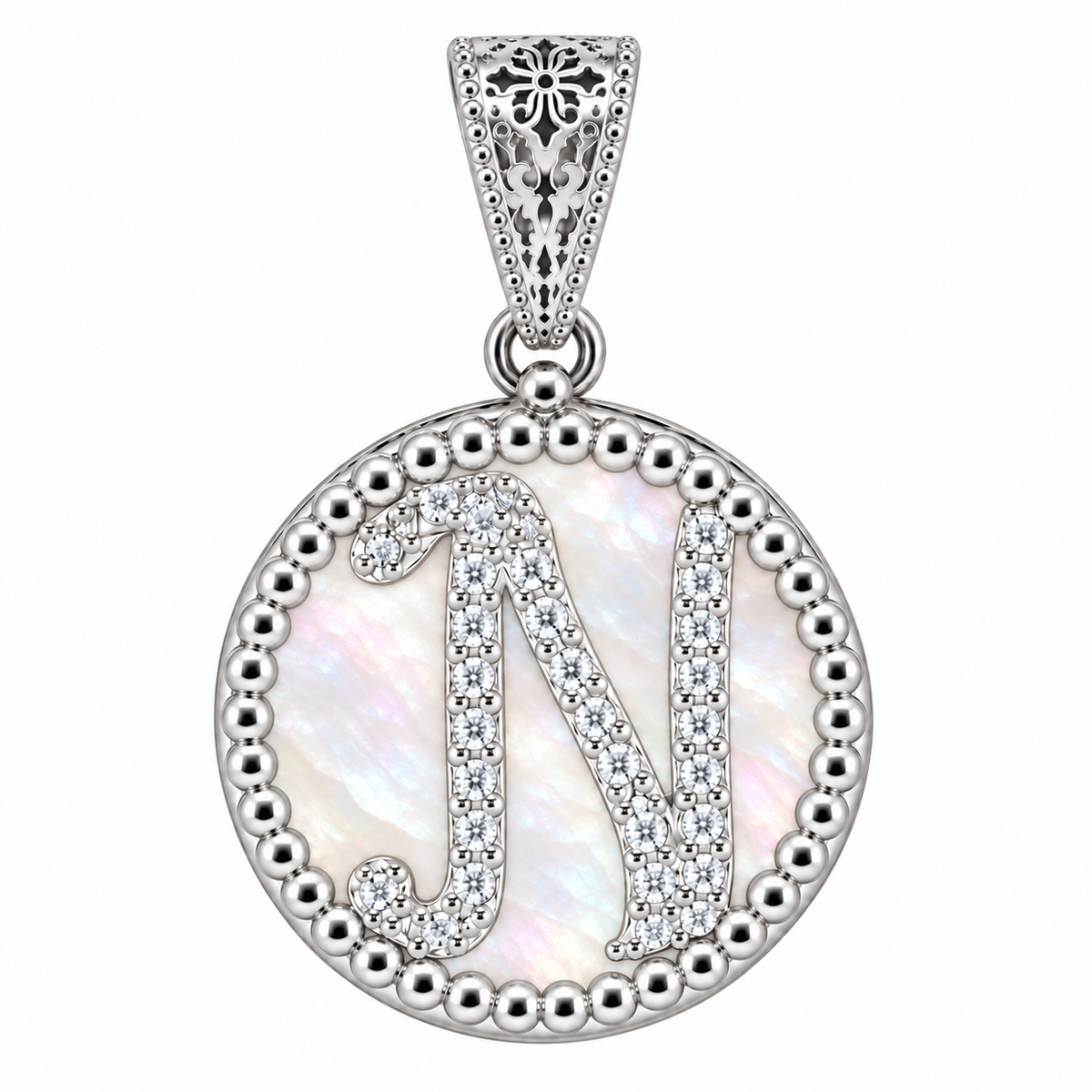collana con pendente "lettera" grande madreperla bianco rodiato