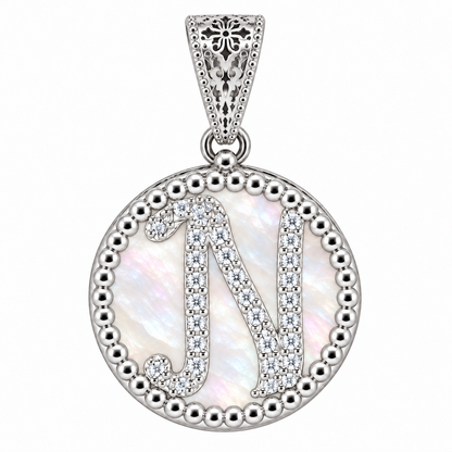 Collana con Pendente "Lettera" Piccolo Madreperla Bianco Rodiato con Forzatina