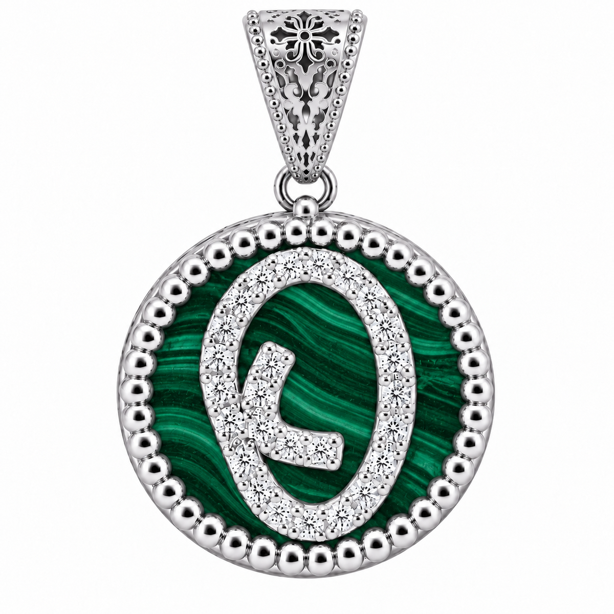 collana con pendente "lettera" piccolo malachite bianco rodiato