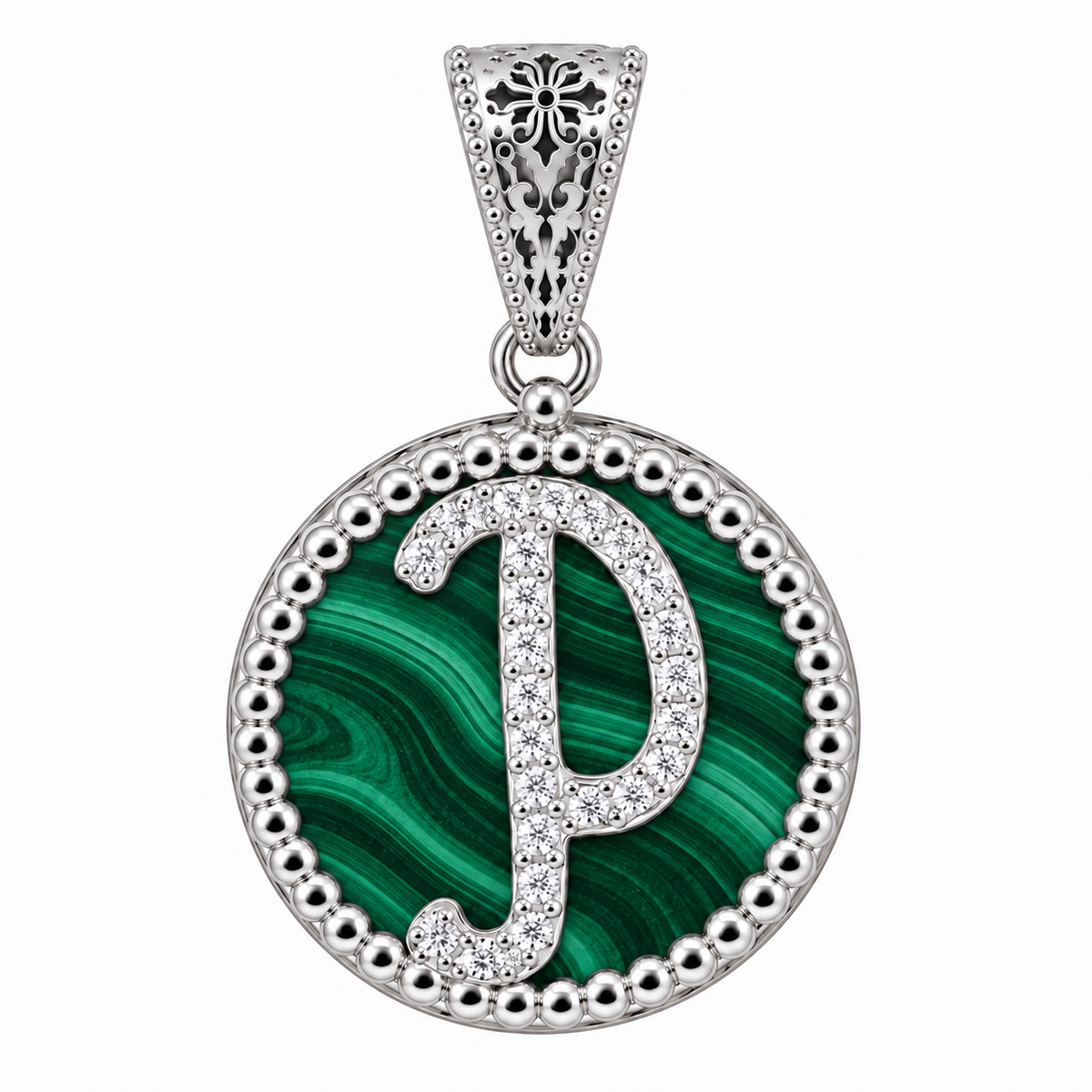 collana con pendente "lettera" piccolo malachite bianco rodiato