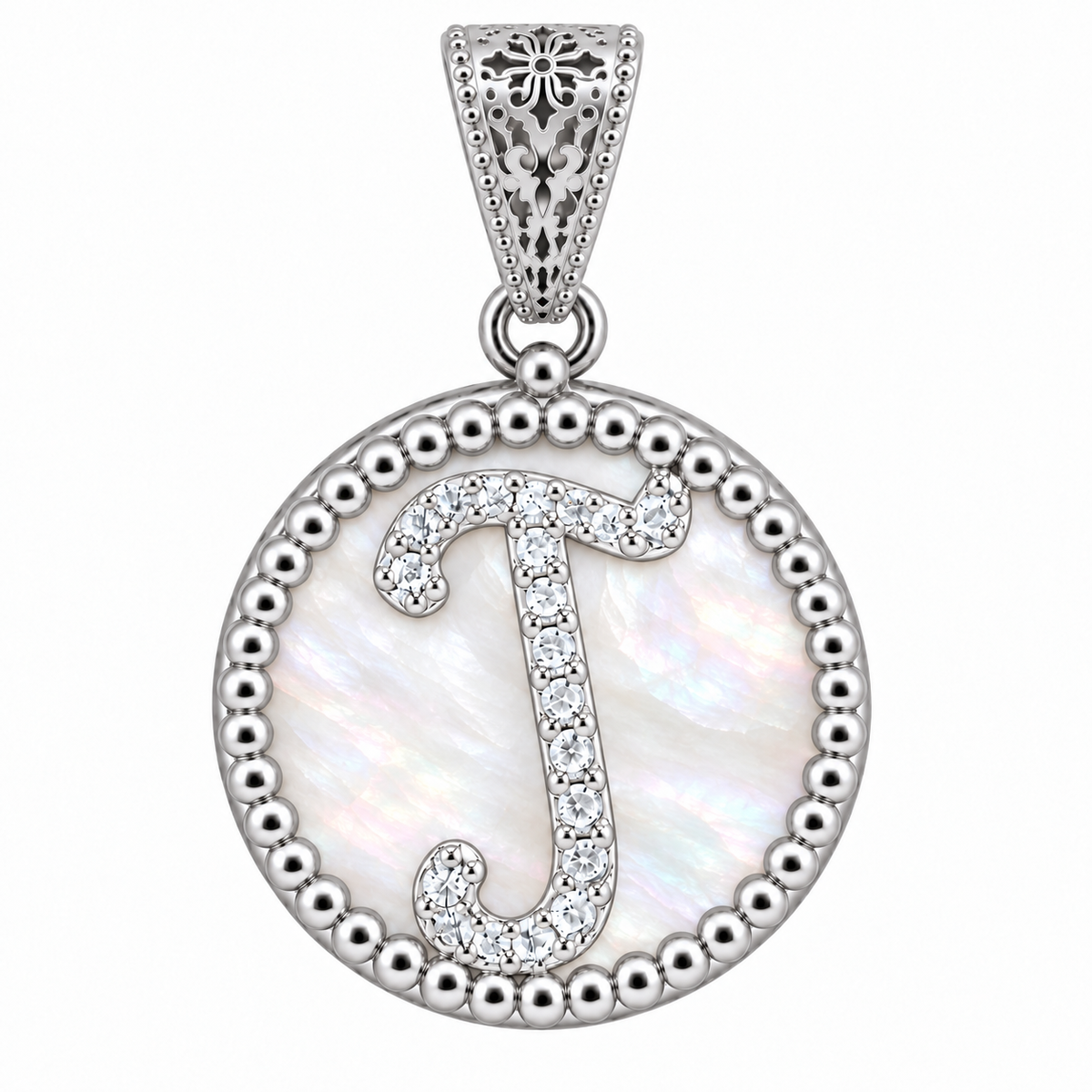 collana con pendente "lettera" piccolo madreperla bianco rodiato con forzatina