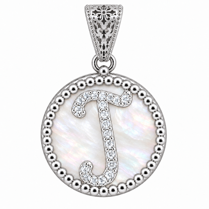 Collana con Pendente "Lettera" Piccolo Madreperla Bianco Rodiato con Forzatina