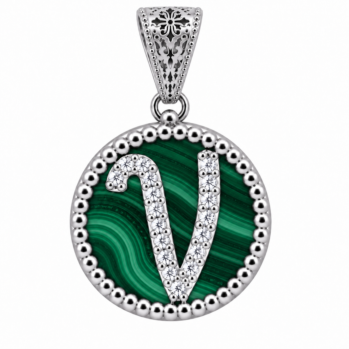 collana con pendente "lettera" piccolo malachite bianco rodiato