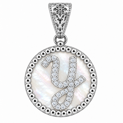 Collana con Pendente "Lettera" Piccolo Madreperla Bianco Rodiato con Forzatina